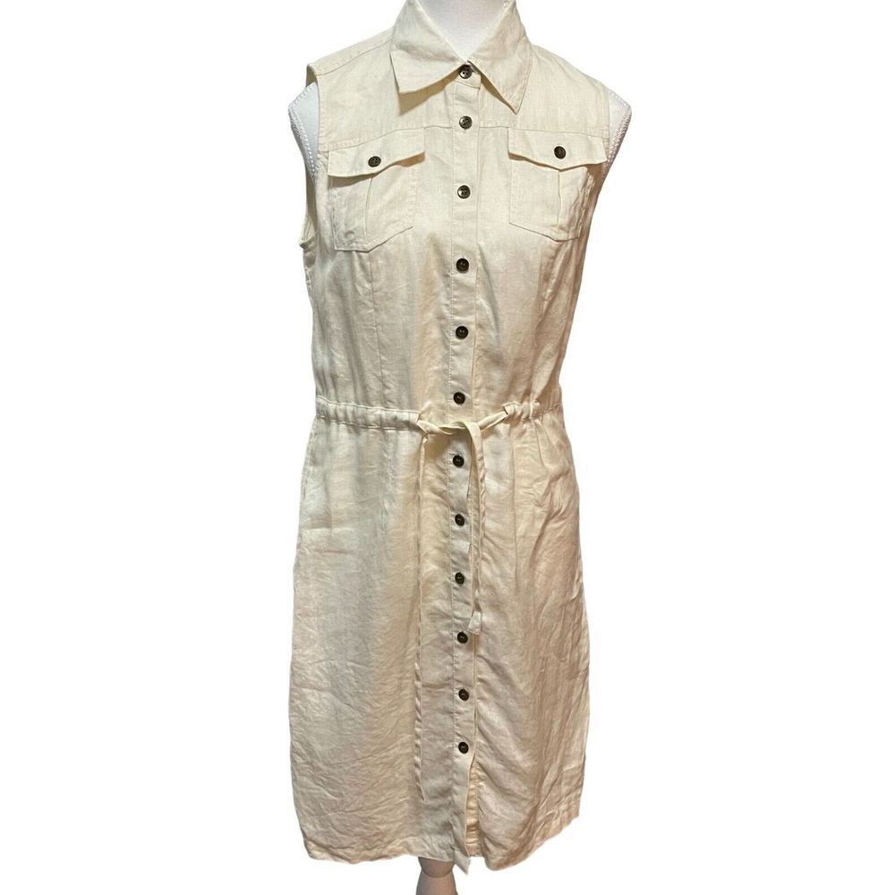 Express Ivory Button Up Sleeveless Casual Minimalist 100% Linen‎ Shirt Dress 7/8